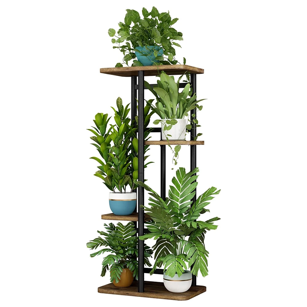 4-Tier Tall Wood Metal Indoor Plant Stand Tiered Flower Shelf for Corner Balcony Living Room Home Decorative Rack Plants Holder