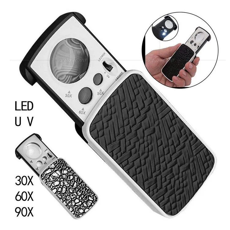 LED Loupe & Magnifying Glass - 30X 60X 90x Currency Detecting Jewellery Identifying Pullout Magnifier