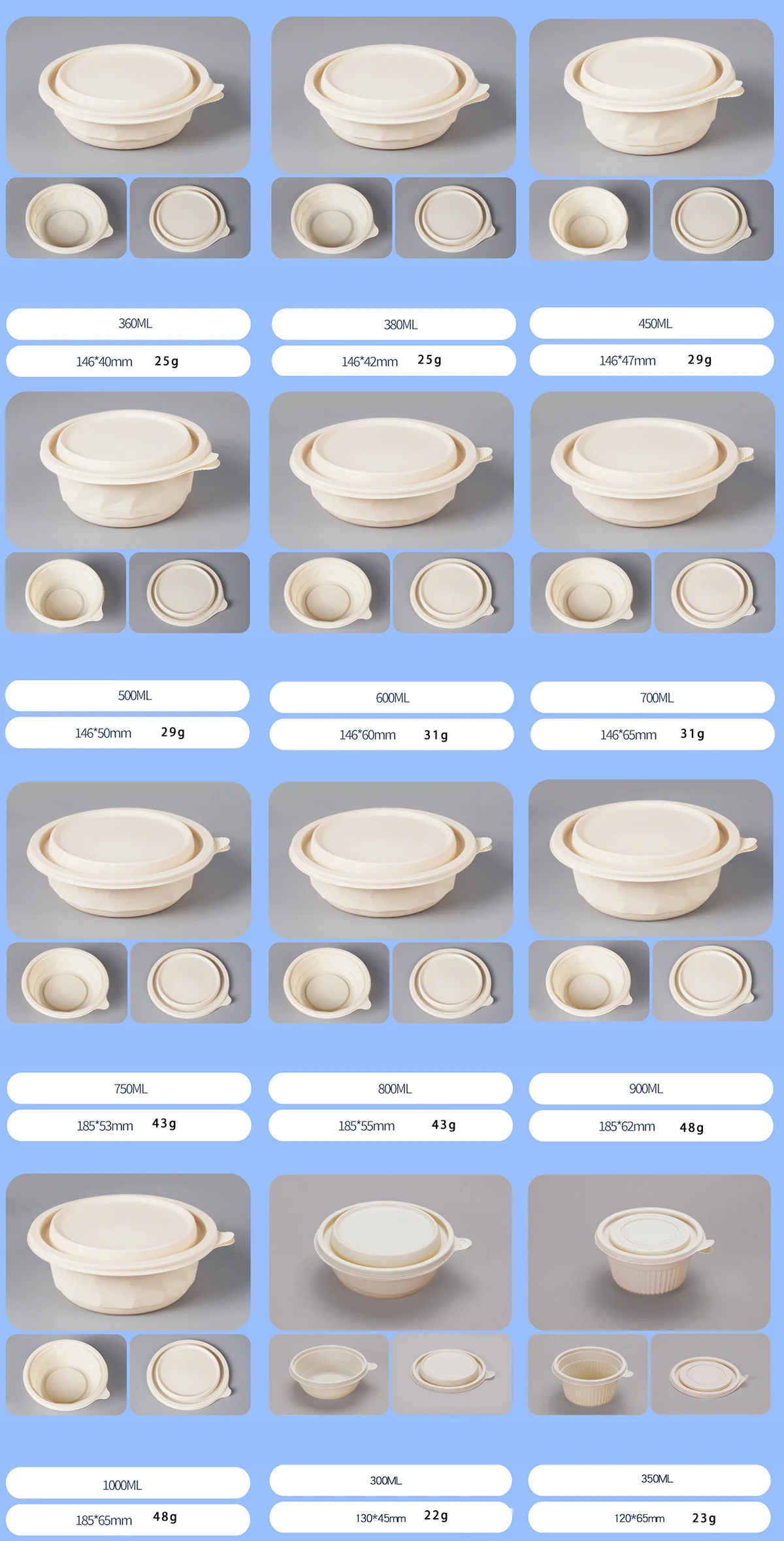 380ml 450ml 500ml 600ml 700ml 800ml 1000ml Eco Friendly  Disposable  Cornstarch Corn Starch Take out Salad Soup Bowl With Lid