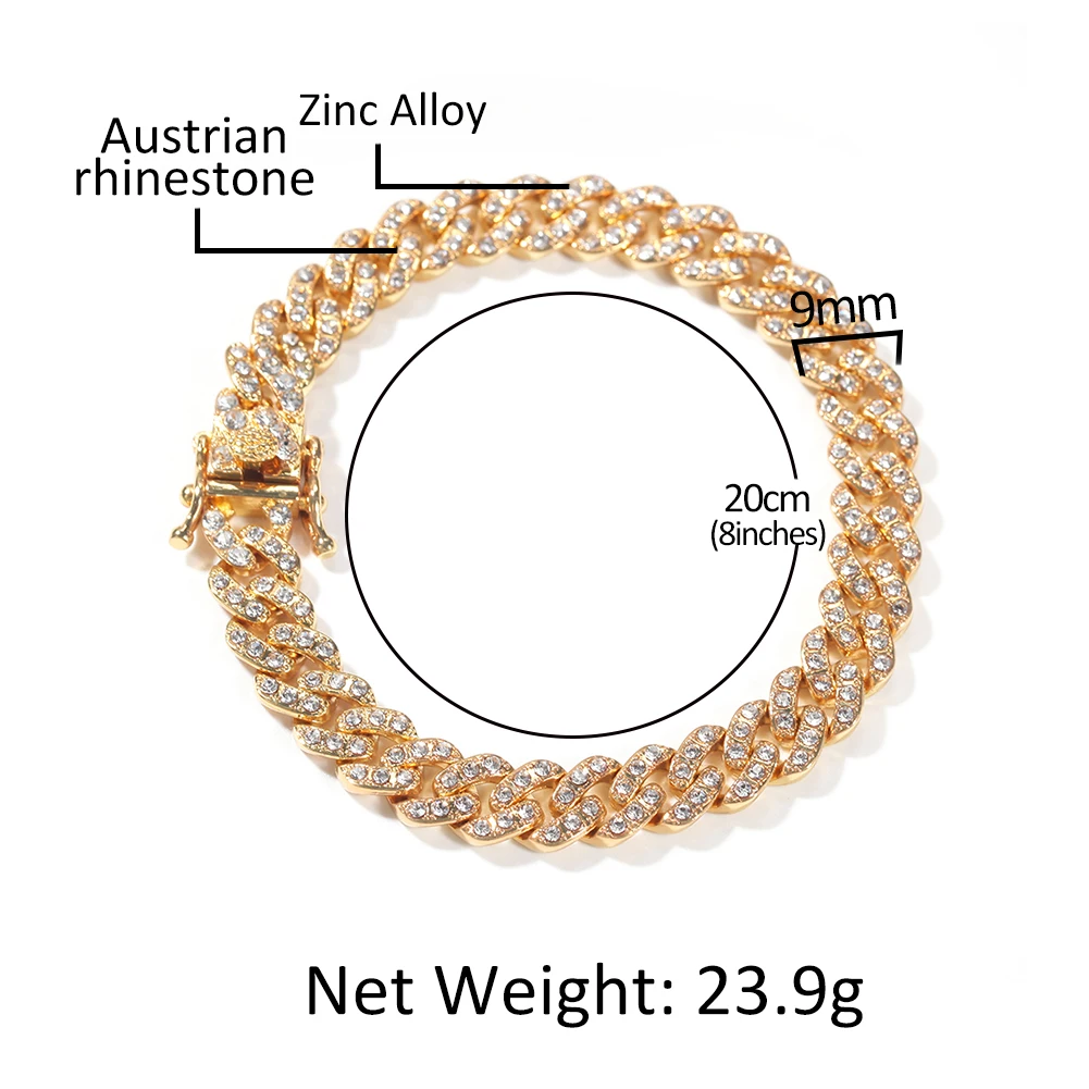 Hip Hop Alloy Rhinestones 9mm Cuban Link Chain Necklace Bracelets Cheap Rapper Jewelries for Men Women