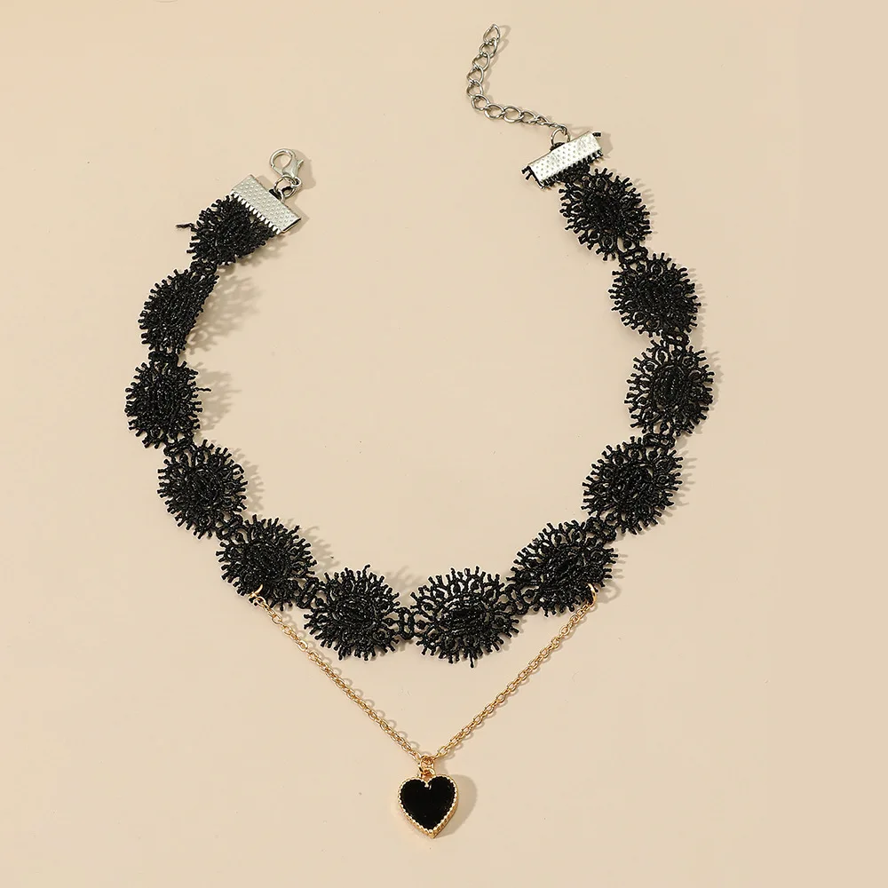 Punk Japanese Style Sexy Black Lace Gothic Double Heart Pendant Collarbone Chain Choker Necklace