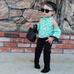 fashion floral printed dew shoulder T-shirt and solid pants toddler girl boutique clothing set 2 pieces
