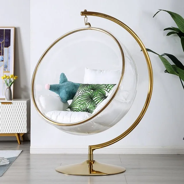 RTS Hot Sell Transparent hanging chairs Swing Floor Stand Golden acrylic Bubble Chair With Stand living room garden