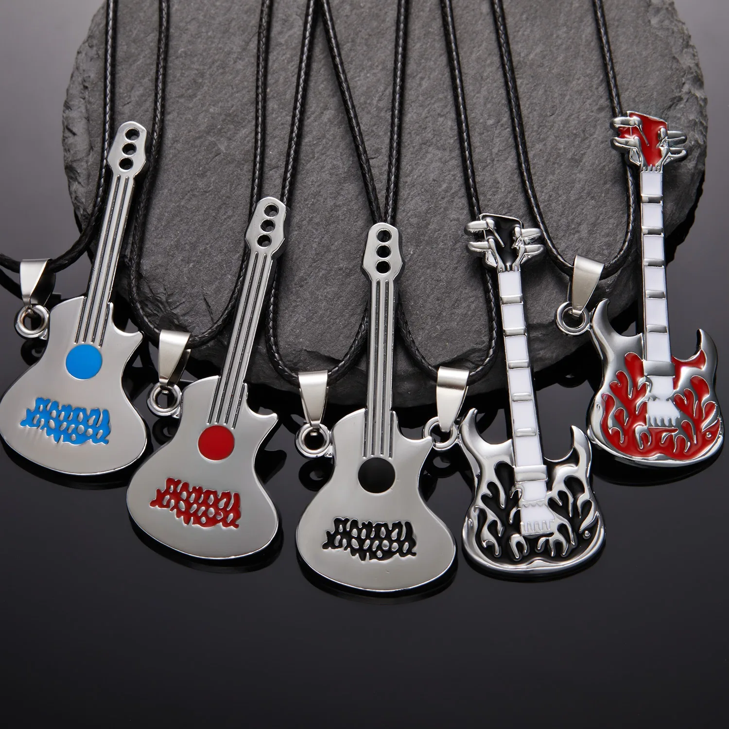 Unique Rock Music Lover Hiphop Jewelry Enamel Black Guitar Red Violin Stainless Steel Pendant Black PU Leather Necklace for Men