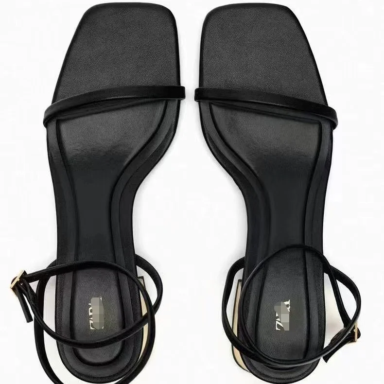 H158-585 ZA Wholesale New square toe women black shoes block low heels open Toe buckle strap pumps