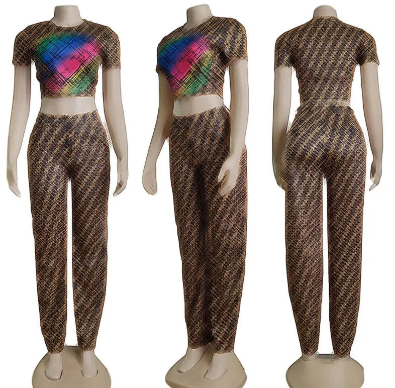 2022 fashion casual designer brand printing short sleeve crop top + trousers two piece pants set