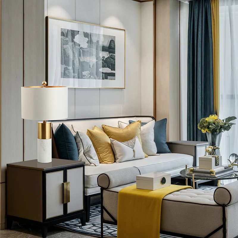 American Modern Marble Fabric Minimalist Decorative Bedside Table Lamp Light for Indoor Bedroom Living Room