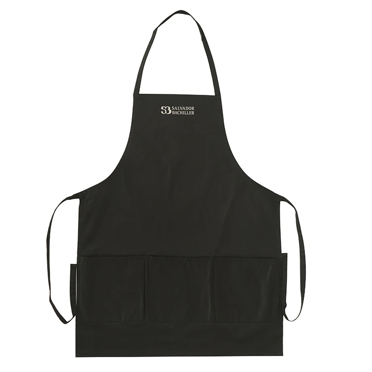 custom logo printed black promotion waterproof polyester 100% organic cotton canvas kitchen cooking chef aprons with two pockets