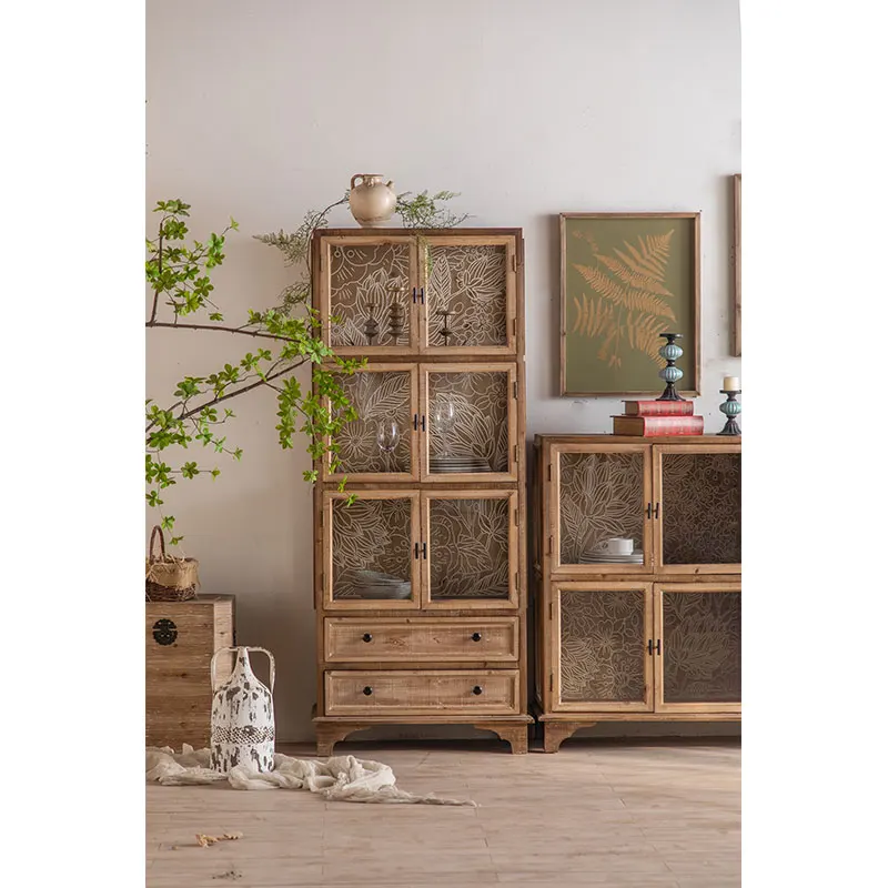French Country Style Vintage Decor Home Kitchen Furniture Wooden Frame Glass Door Tall Kitchen Cabinet Designs