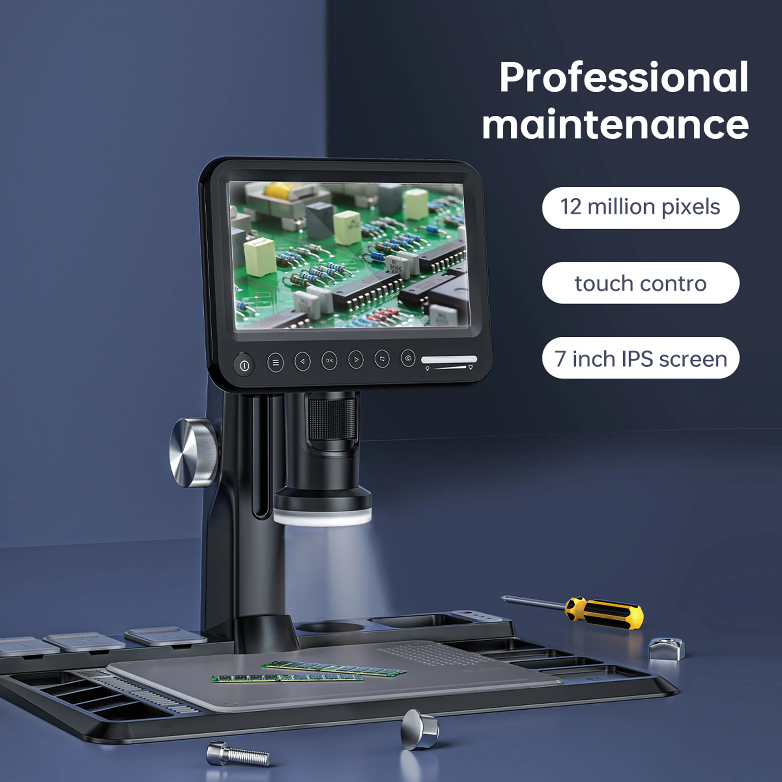 ALEEZI 318A 50-1600X 12MP 7inch IPS microscope camera digital electron microscope with stable repair stand