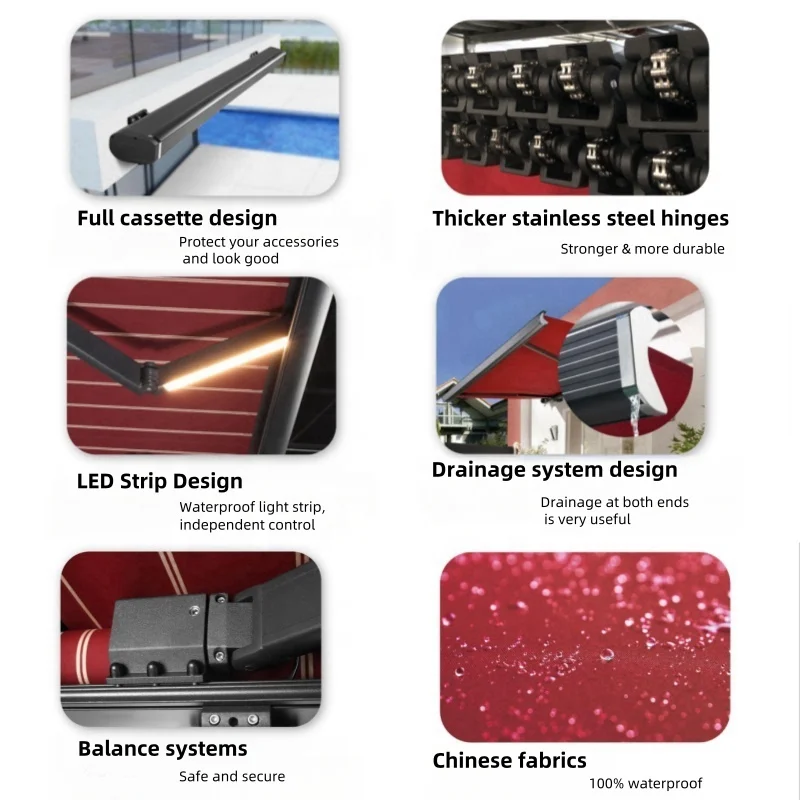 4M width awning outdoor swimming pool canopy  remote control retractable full cassette automatic awning with LED