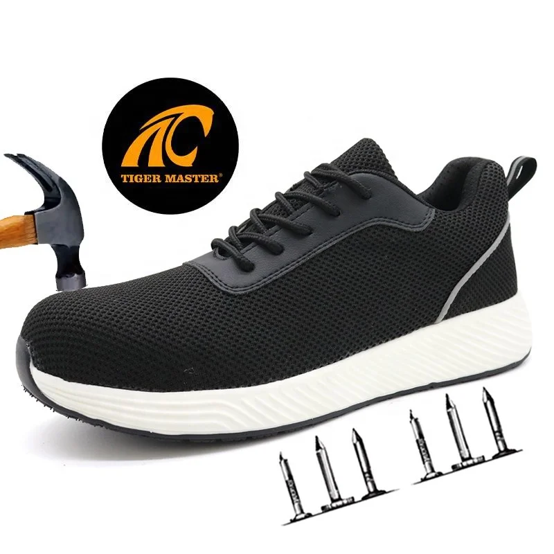 Black anti slip soft EVA sole fiberglass toe puncture proof light weight breathable sport type safety shoes for men