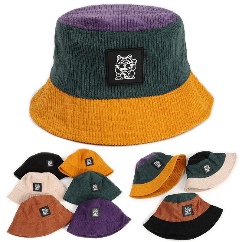 wholesale high quality corduroy bucket cap two tone bucket hat with rubber patch