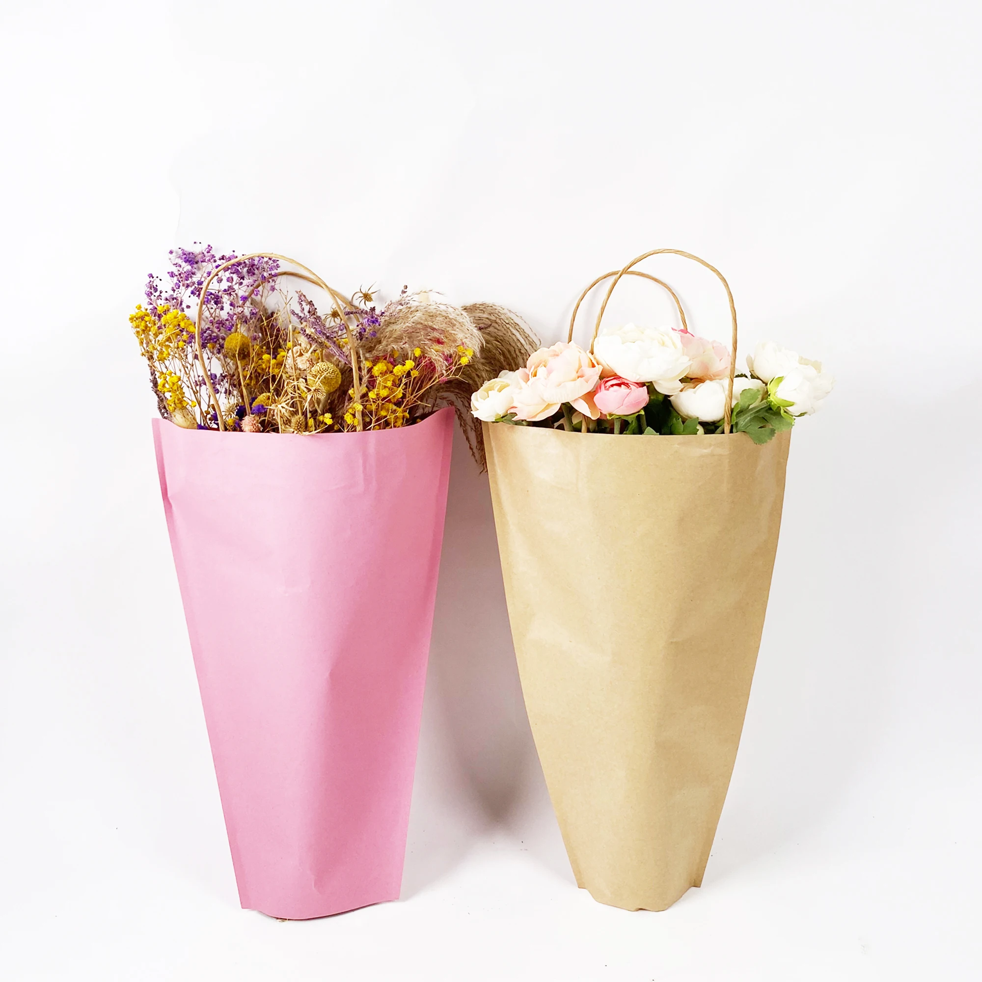Hot Durable Portable Handle Kraft Paper Flower Bag Moon Shape With Softline Used For Flowers Carrier Packaging