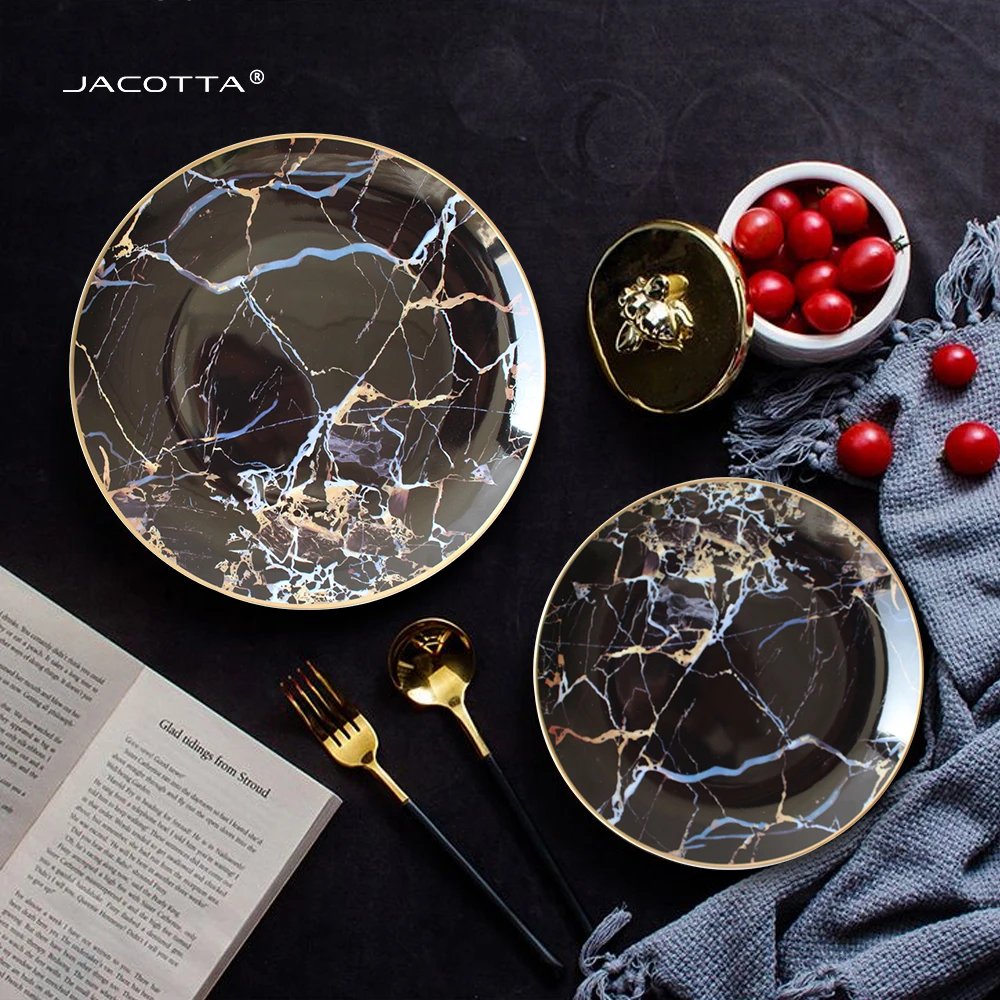 Black marble pattern bone china luxury gold rim kitchen dinnerware plates bowl cup with saucer set