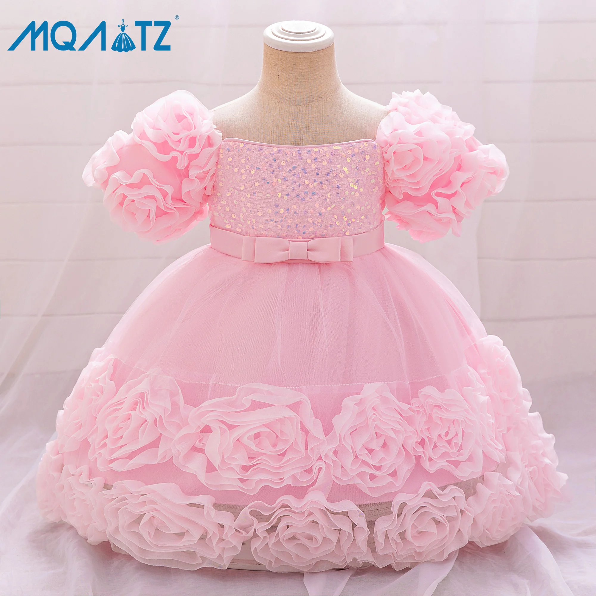 MQATZ  New style girls appliqued princess one-year-old dress flower girl dress puff sleeve rose dress L2283XZ