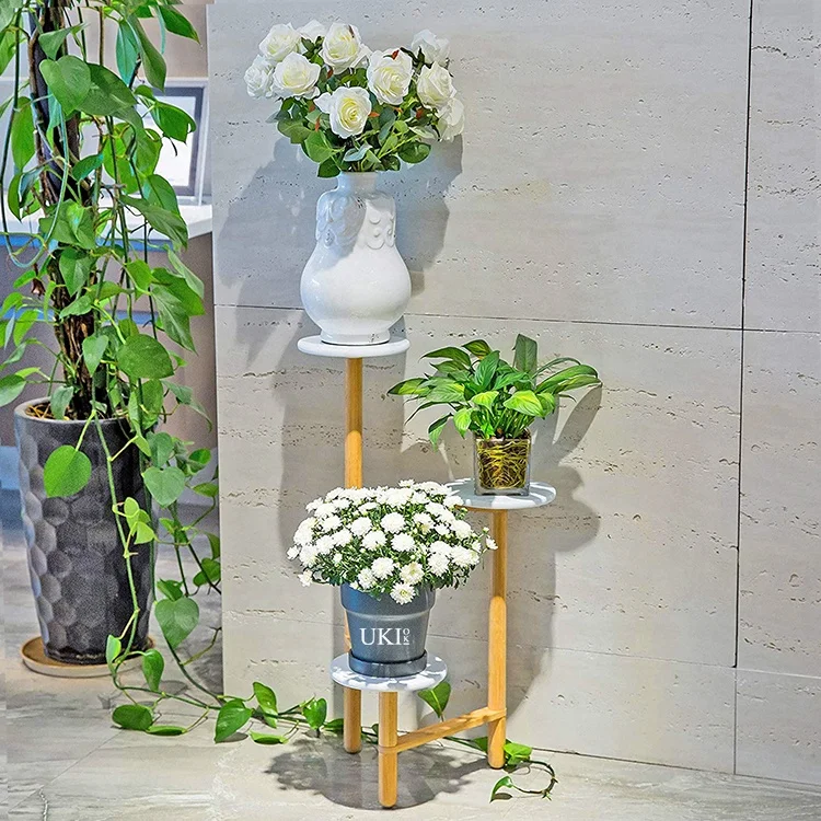 Ukiok 3 level Adjustable Bamboo Green Plant Stands Modern Wooden Flower Stand Indoor Outdoor