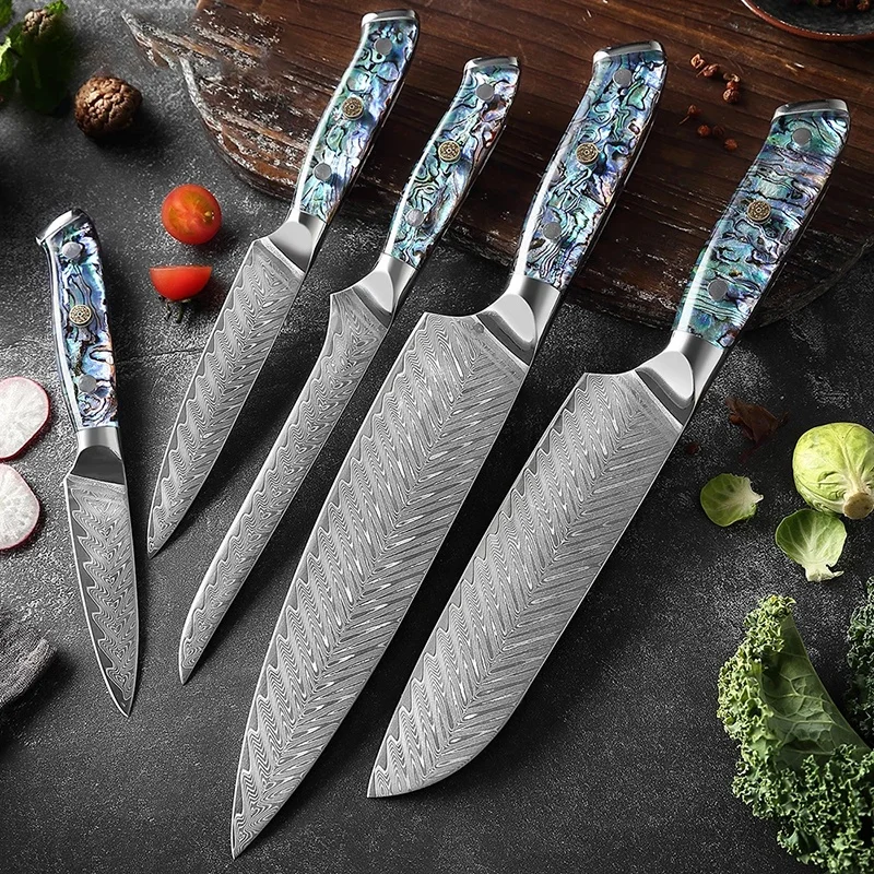 Damascus Steel Set 1-5 PCS Kitchen Tools Chef Japanese Santoku Knives Boning knife Exquisite Shell Handle New