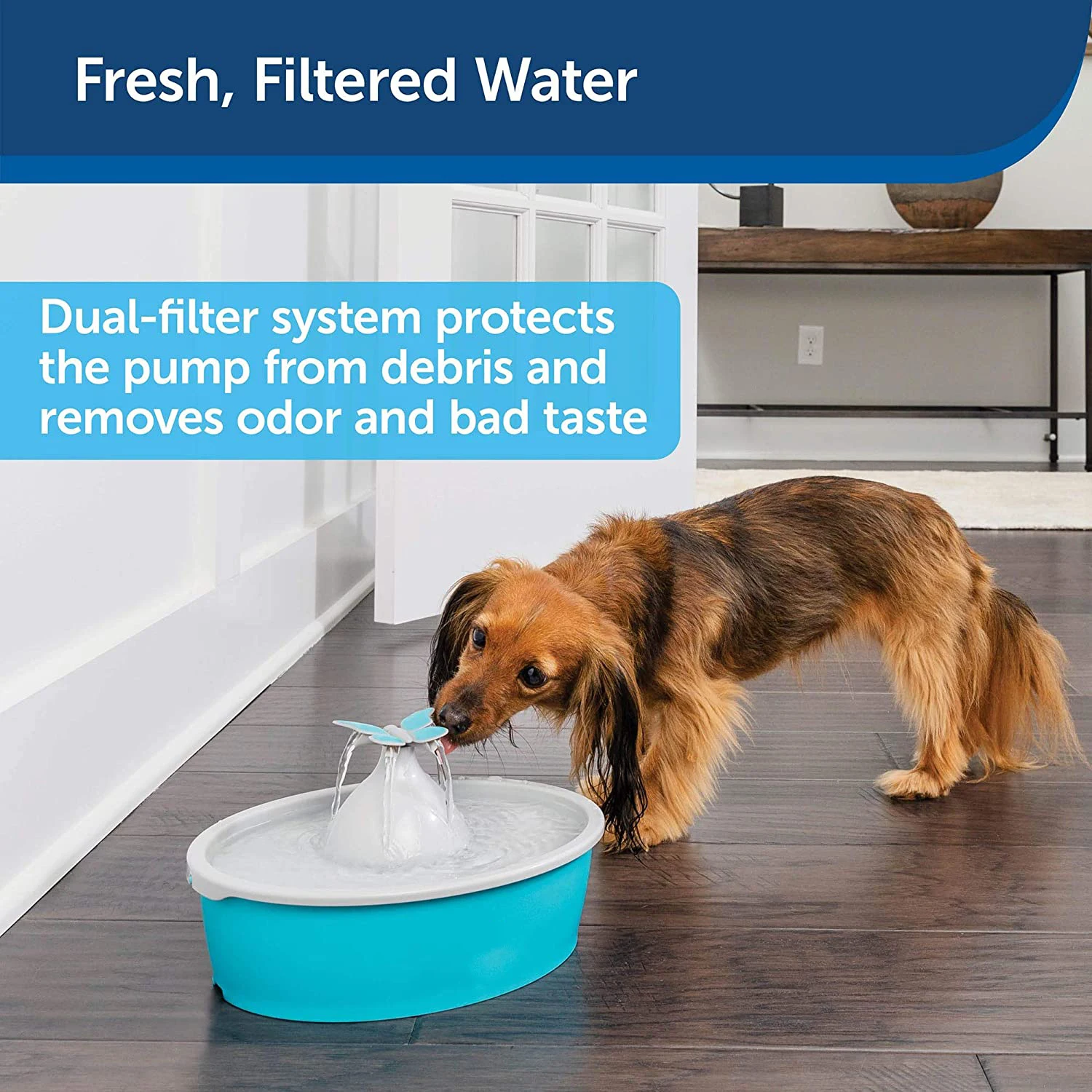 Pet Drinking Fountain for Cats and Dogs, Free-Falling Adjustable Streams of Fresh, Flowing Water, Easy to Clean, 50 oz Capacity