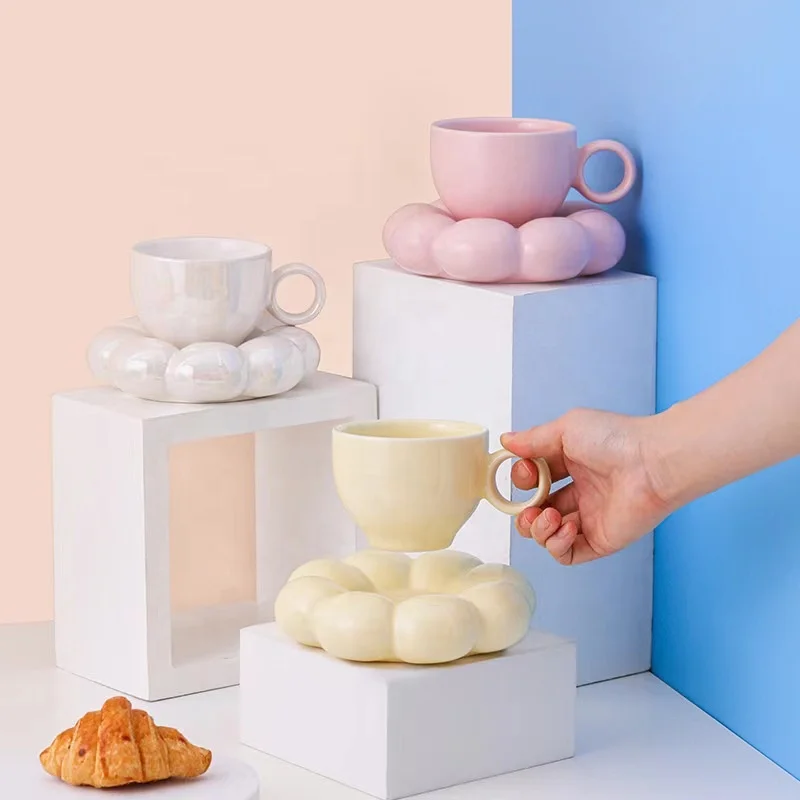 Tivray Macaron Color Coffee Cup And Saucer Flower Shape Ice Pangpang Fat Cream Cup Porcelain Ceramic Mug