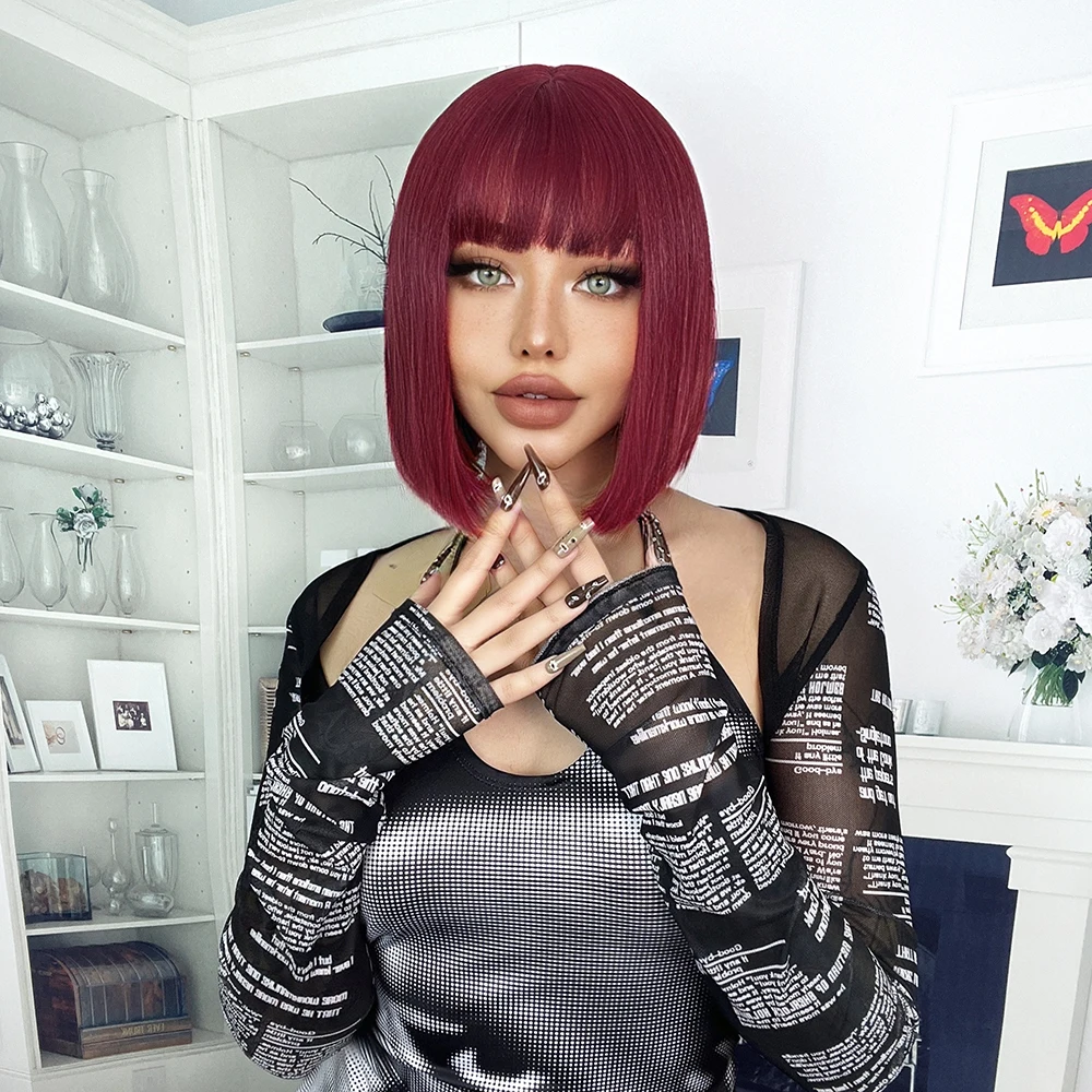 Ainizi 12' Short bob Red Wine Machine Made Fashion Synthetic Hair Wigs with Bangs for Women