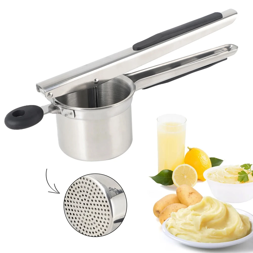 Kitchen gadgets stainless steel manual potato ricer potato masher with silicone handle