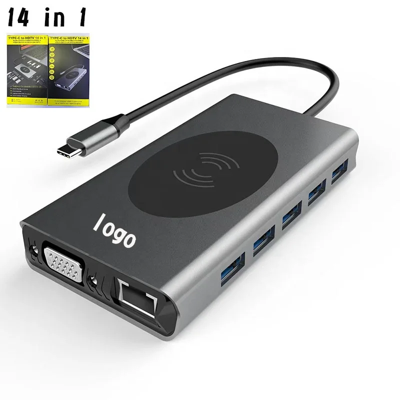 USB C Laptop Docking Station Dual Monitor, 14 in 1 USB C Hub Multiport Adapter Dongle with 2 HDMI, DisplayPort, RJ45, SD/TF