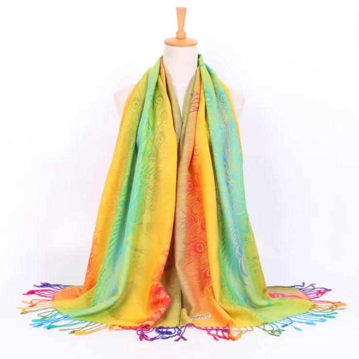 New Colorful Rainbow Scarf Pashmina Jacquard Peacock Shawl