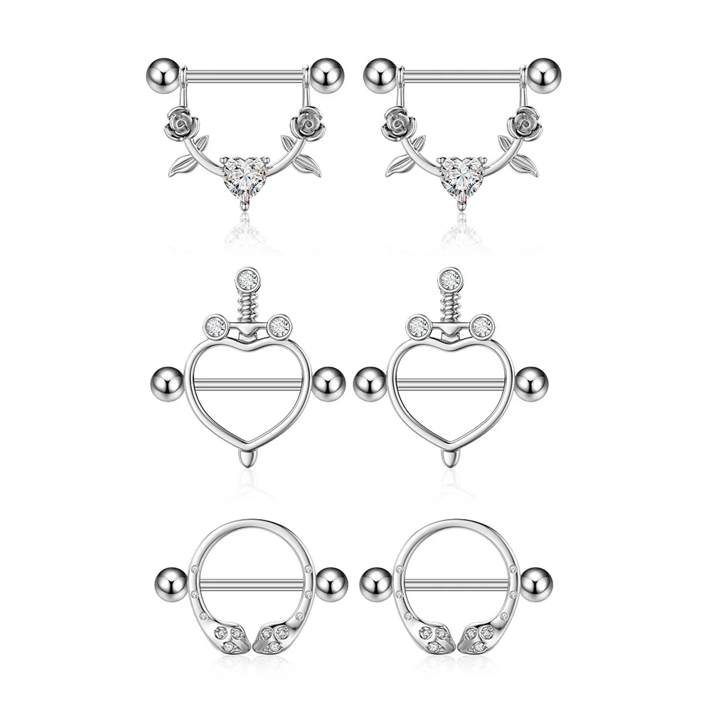 YICAI Stainless Steel Flower Snake Nipple Piercings For Women U-shaped Rose Screw Zircon Heart Dangle Nipple Ring