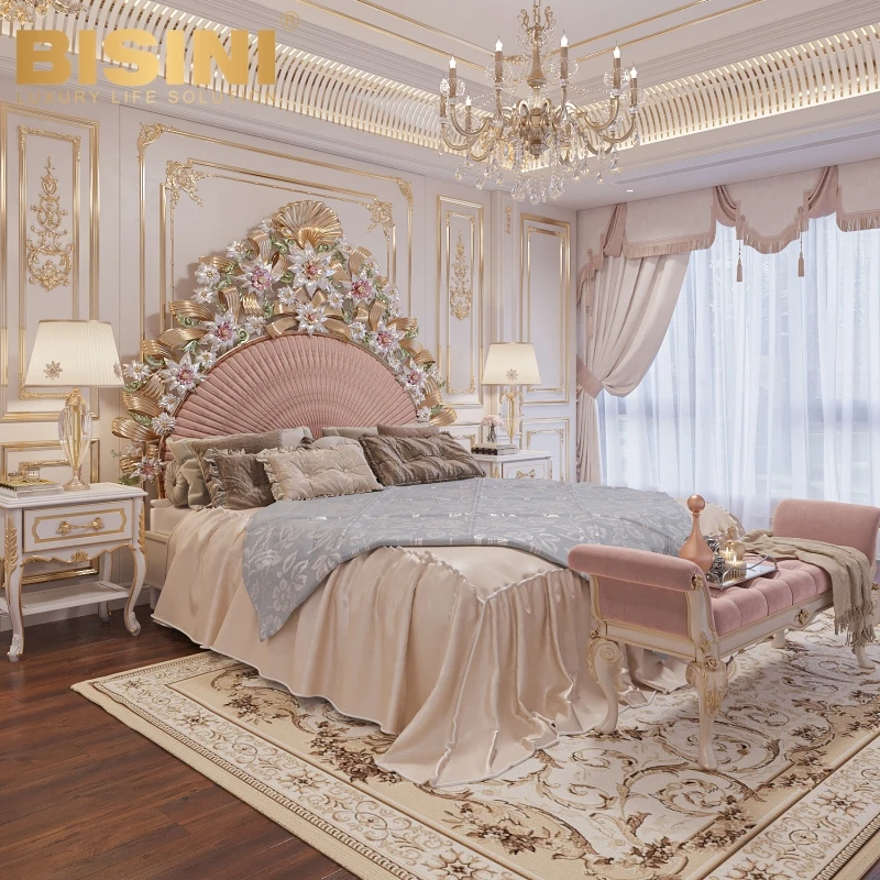 Beauteous Italy Milan Style Big House Princess Girls Bedroom Pink Bed Set Wood Carved Butterflies flowers Double Bed