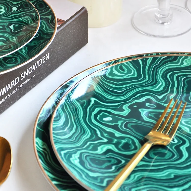 Factory made logo green fine bone china tableware elegant dinner plate