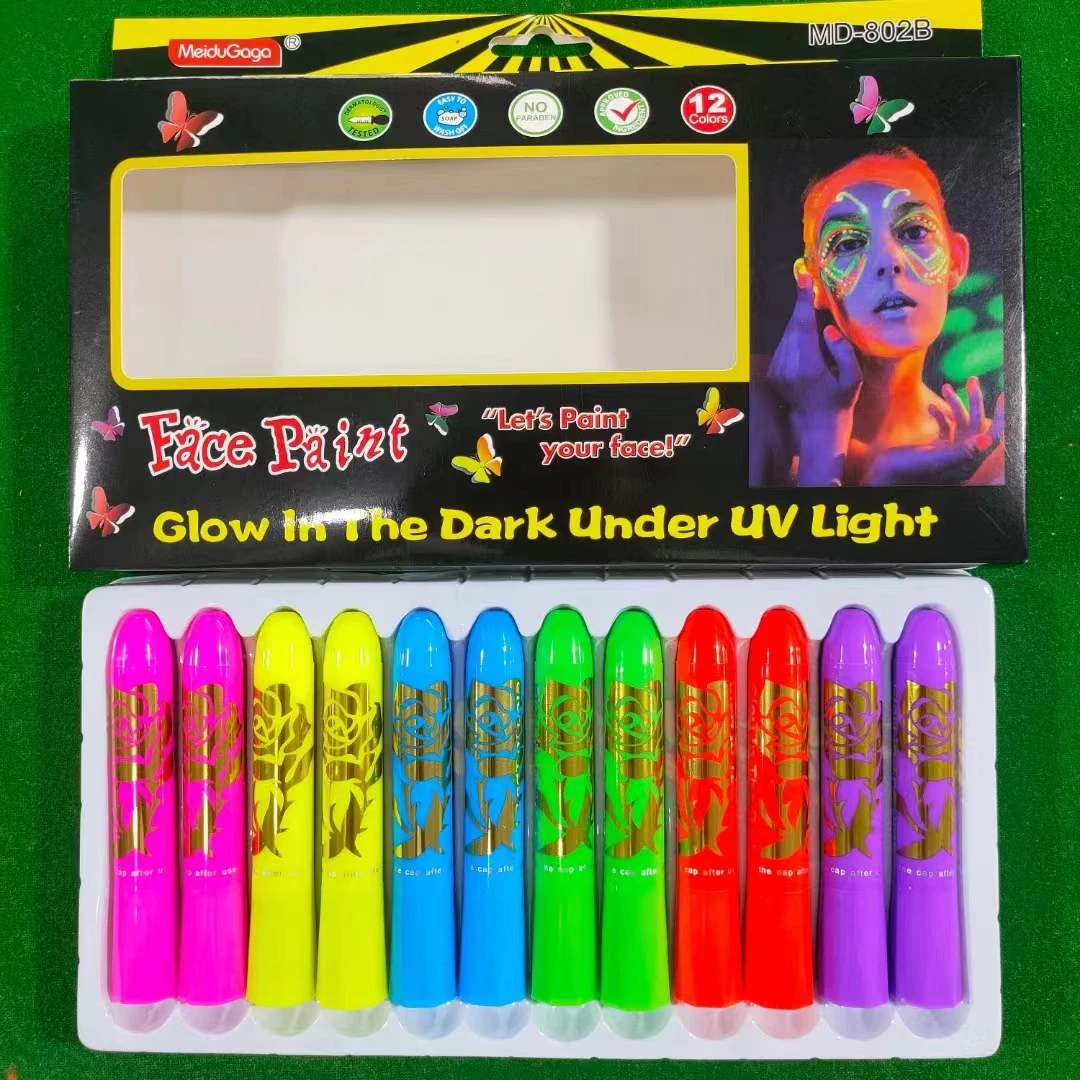 Meidugaga Glow in The Dark Under UV Light Halloween Makeup Face Painting  Non-toxic Body  Face Paint Crayon Stick
