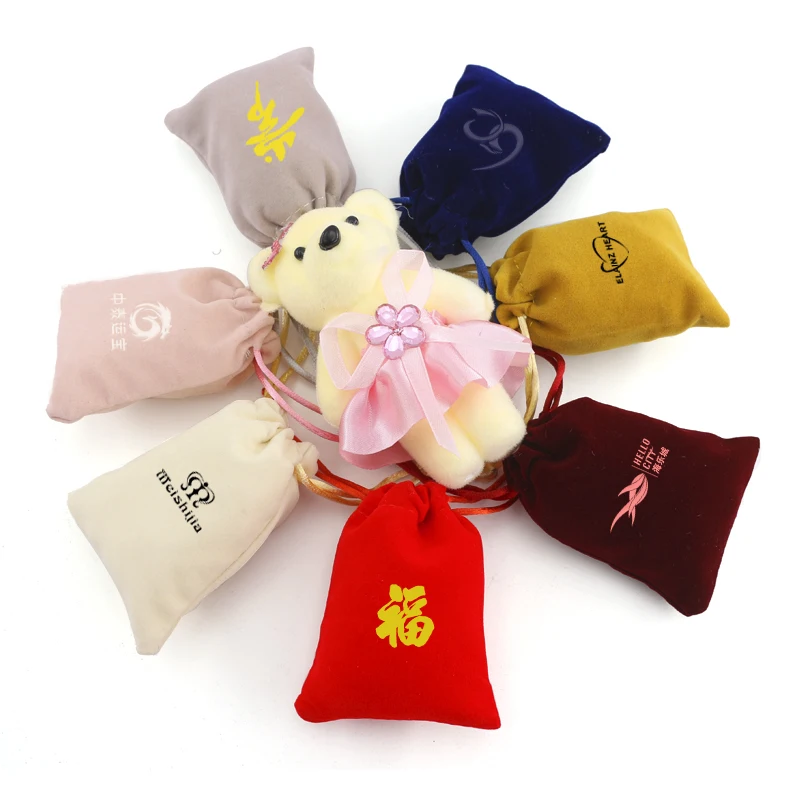 Factory Direct Sale Promotional Small Luxury Custom  velvet flannel Jewelry Drawstring Pouch Bag gift bag with custom logo