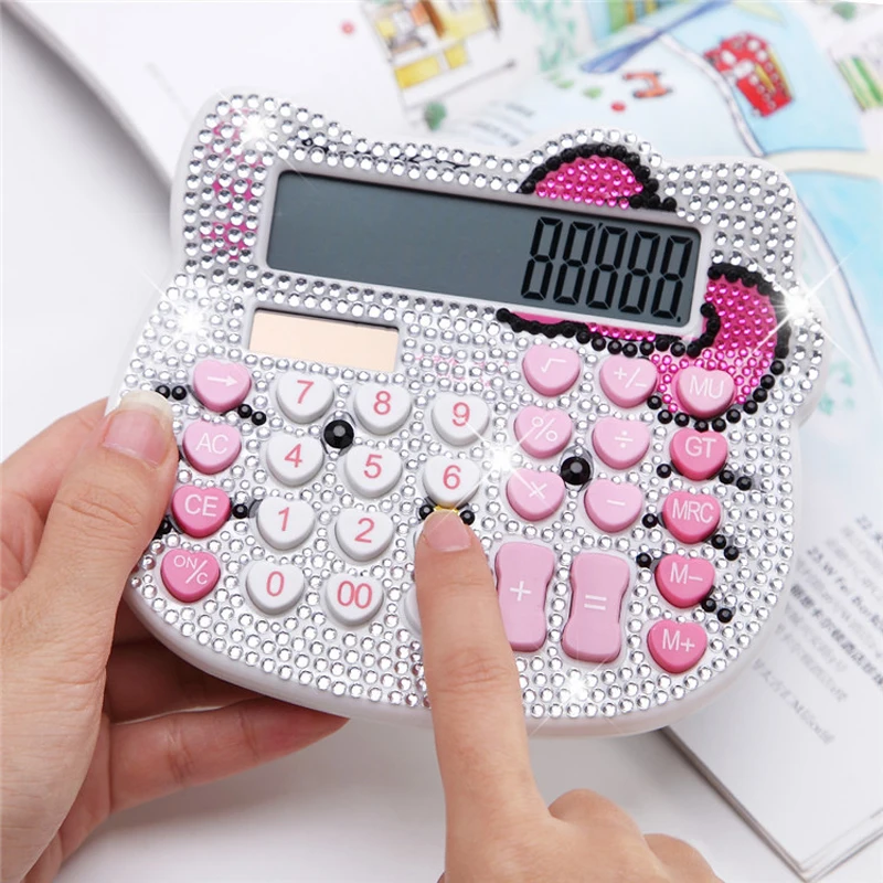 Portable cartoon sticker diamond computer bow heart button cat head crystal calculator with diamonds