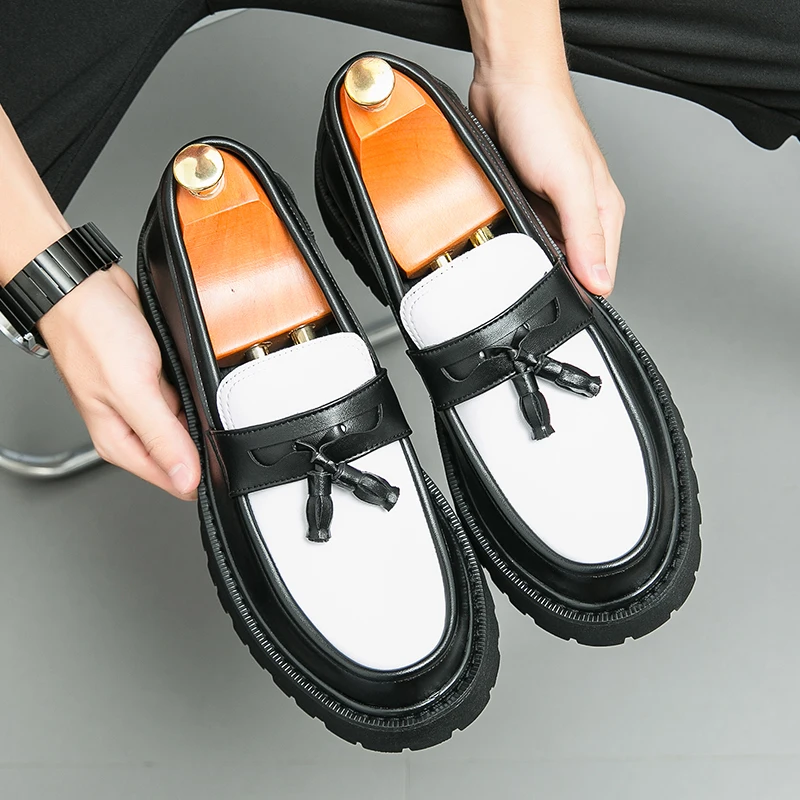 Height Increasing Thick Sole Black+White Comfortable Dress Shoes Round Toe Classic Wedding Tassel Loafers Shoes for Men