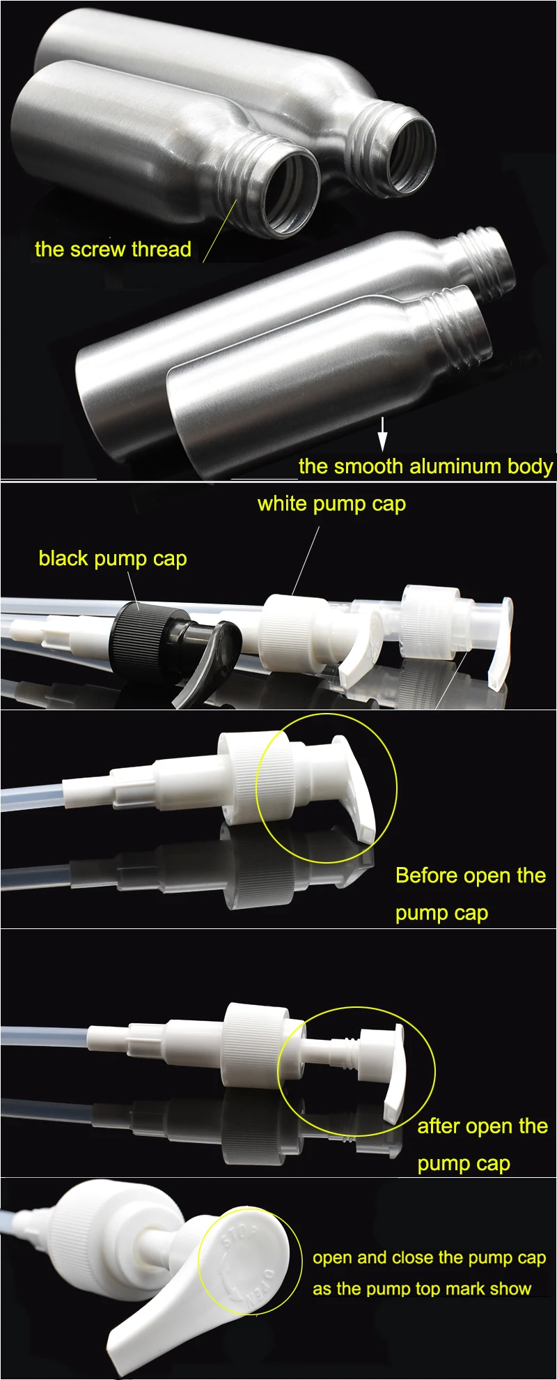 refillable 30ml 50ml 100ml 120ml 150ml 200ml 250ml 500ml aluminum cosmetic bottle with pump top