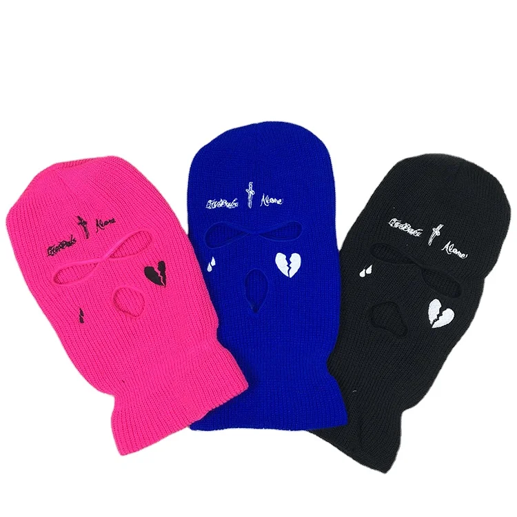 Fashion Streetwear Ski Mask Pink Cross Tears Broken Heart Acrylic Knitted Custom 3 Holes Embroidery Logo Ski Mask Balaclava