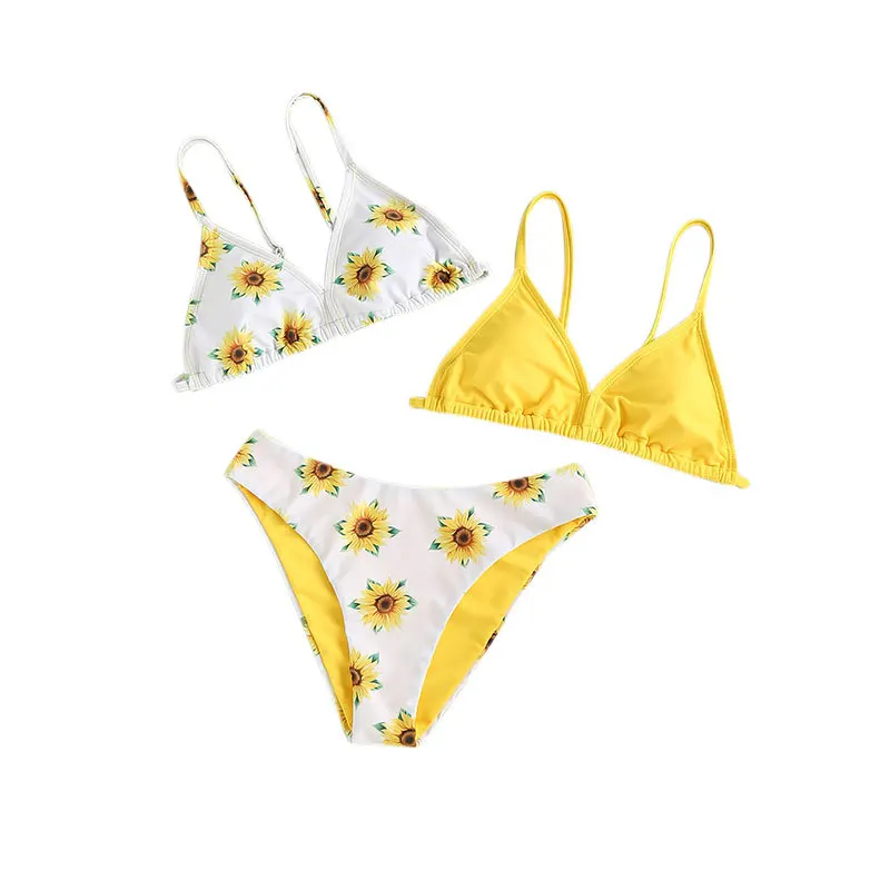 Custom Girls Swimwear 3 Piece Set Floral Print Kids Thong Micro Bikinis Swimsuit Sets