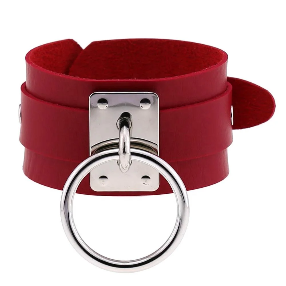 Punk Oversized Double Layer Leather Band Cover Wrist Bracelet Bondage BDSM Silver Metal O Round Gothic Bangles