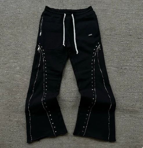 Custom Oversized Sweat Pants Street Wear Casual Heavy Weight Pants Zip Up Rhinestone Black Baggy Sweatpants Men