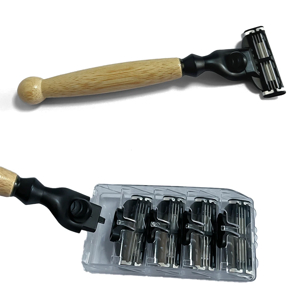 Spolo Wholesale Bamboo Handle Razor 3 & 6 Layers Blade Shaving Heads AC System Razors For Men Women Use Beard & Body Care Tools