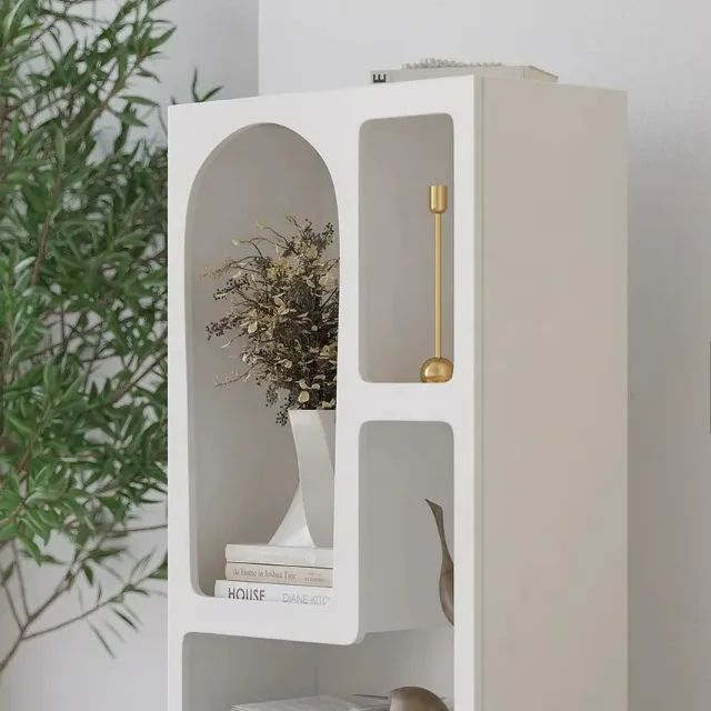 White Arched Bookcase Tall Open Storage Geometric Cabinet Design Niche Bookshelf Wood Living Room Display Stand