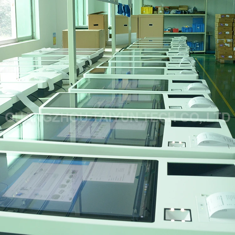 Floor standing touch interactive self service information kiosk in shopping mall and restaurant