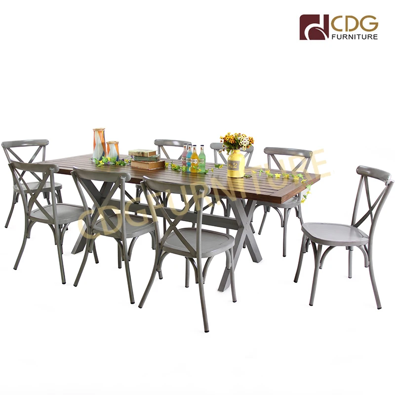 Классическая мебель, фермерские столы, вечеринка, мероприятие, деревянная текстура, цветной винтажный стальной обеденный стол, набор из 8 стульев