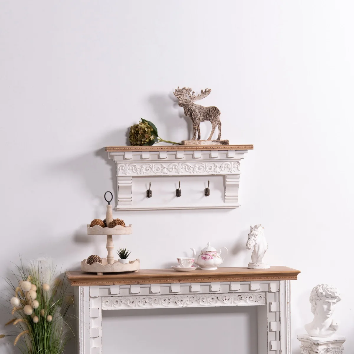 Innova Entryway Hallway Bedroom Decorative Nordic Solid Wood Wall Mounted Hanging Wooden Hat Shelf Coat Rack with Hooks