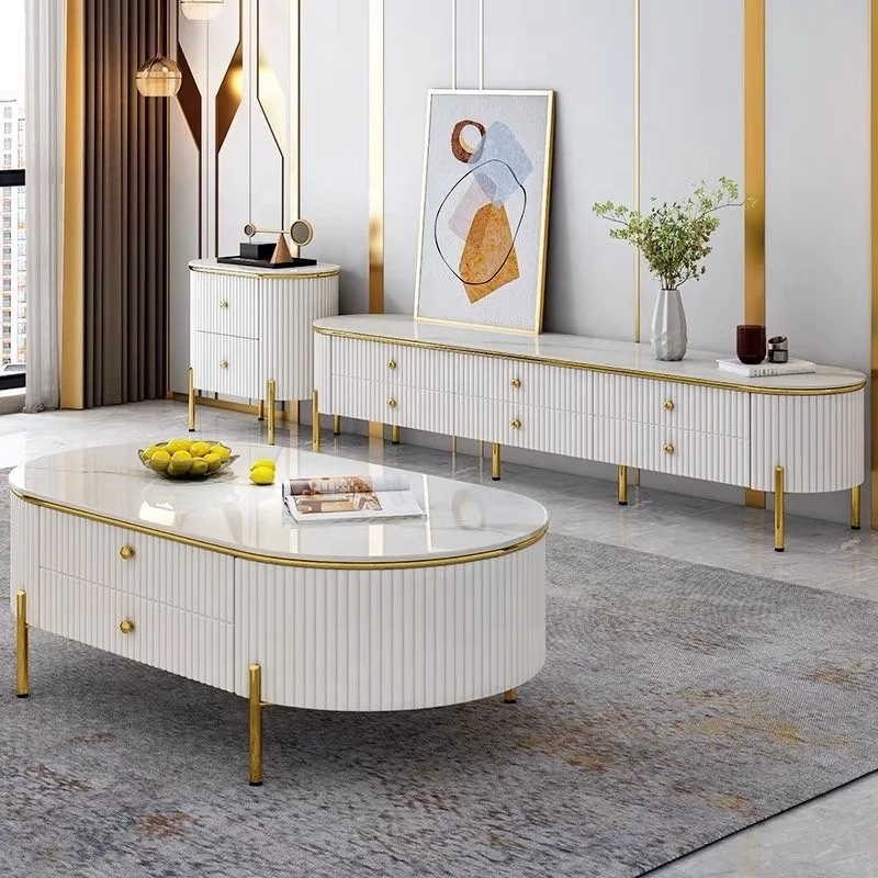 Modern Living Room Furniture Design Tv Stand and Coffee Table Wooden Style marble top stainless  TV cabinet coffee table