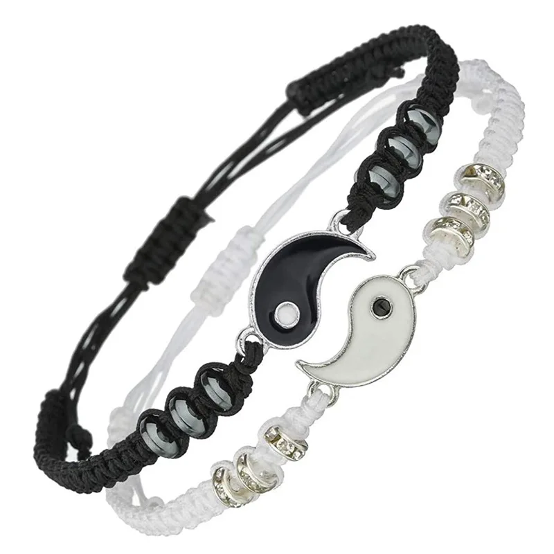2 Pcs Set Black White  Adjustable Cord Rope Chinese Style Tai Chi Alloy Braided Wristband Couple Bracelet For Friendship