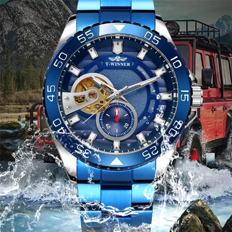 WINNER WIN255 Mechanical Watch Blue Stainless Steel Skeleton Watch Top Brand Luxury Business Luminous Male Clock winner watch