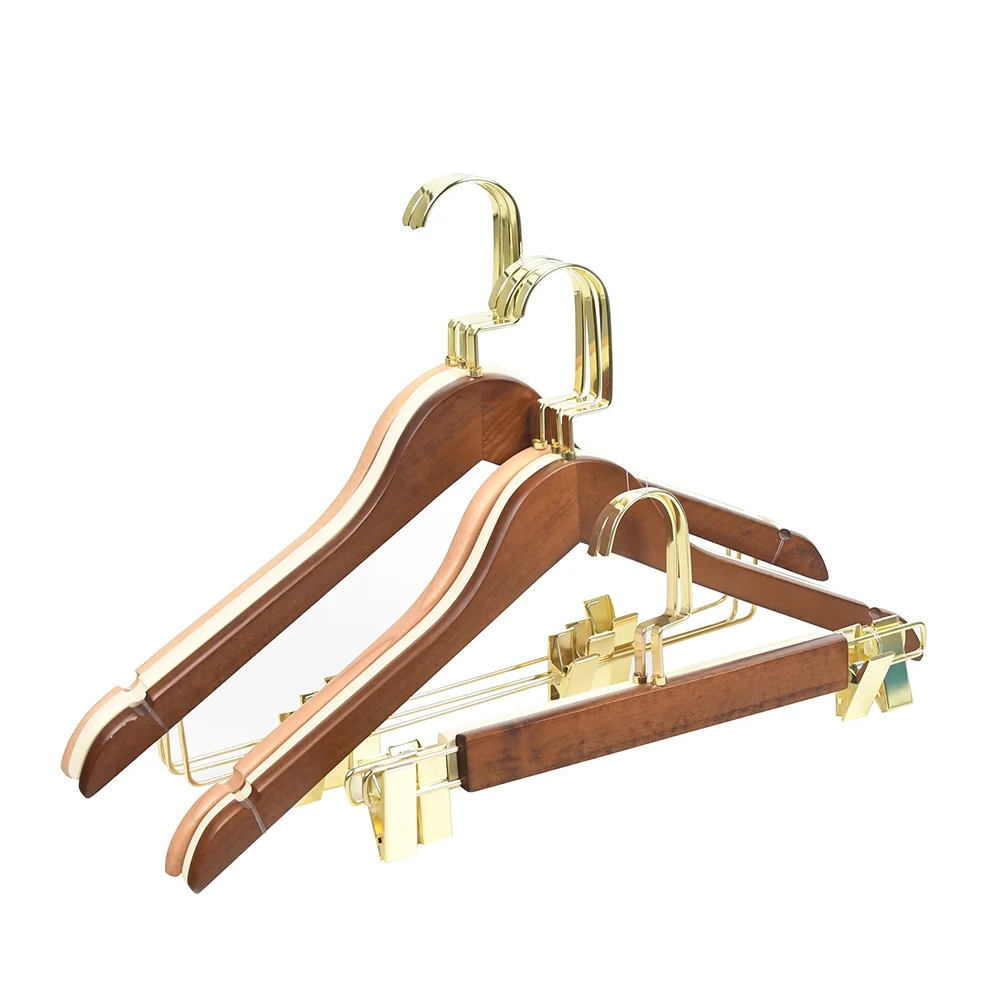 Customized Logo Wooden Shirt Hanger with Clips Natural And Gold Wooden Hangers for Clothes