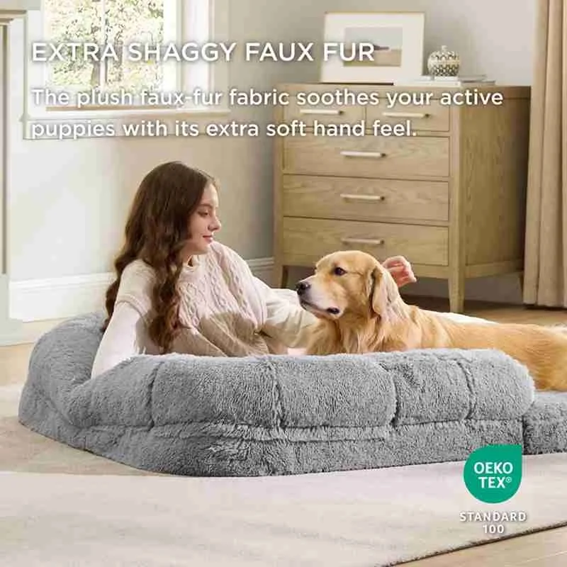 Foldable Human Dog Bed for People 2 in 1 Calming Human Size Giant Dog Bed Egg Foam Supportive Mat Faux Fur Orthopedic Dog Sofa